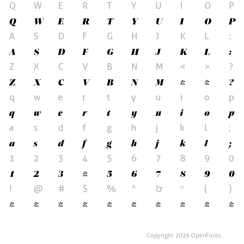 Character Map of FONTSPRING DEMO - Contane Black Italic Regular