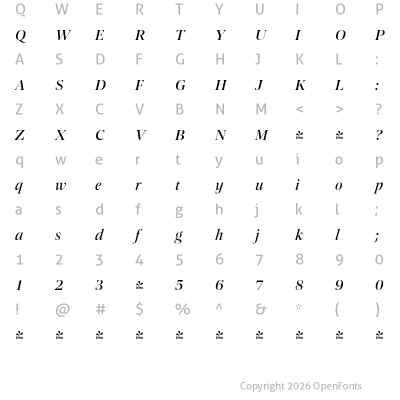 Character Map of FONTSPRING DEMO - Contane Medium Italic Regular