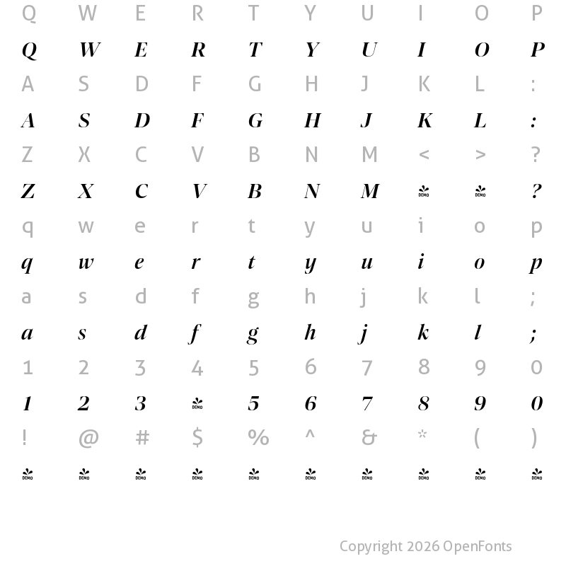 Character Map of FONTSPRING DEMO - Contane Semibold Italic Regular