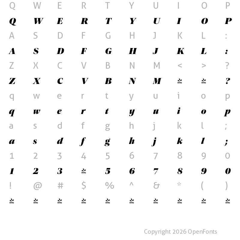Character Map of FONTSPRING DEMO - Contane Text Black Italic