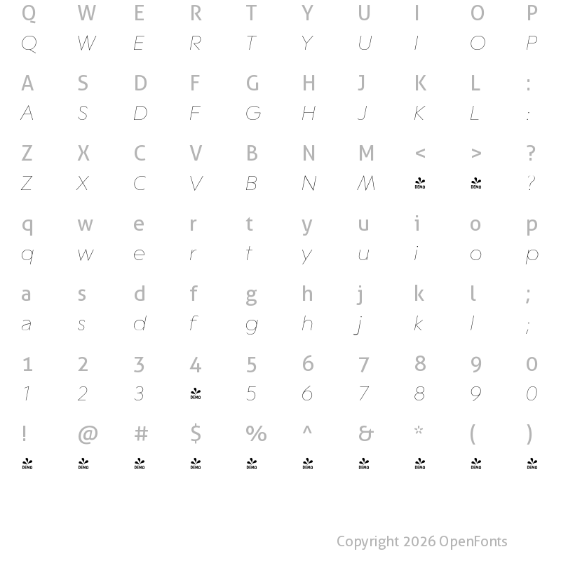 Character Map of FONTSPRING DEMO - Contax Pro 26 Ult Lig Italic Regular