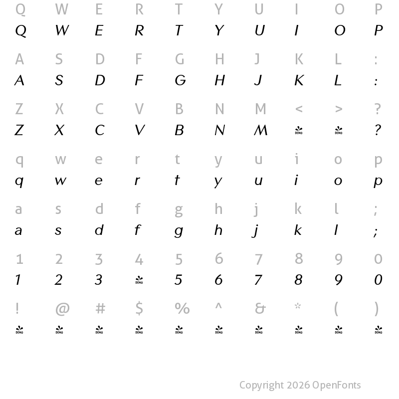 Character Map of FONTSPRING DEMO - Contax Sans 66 Italic