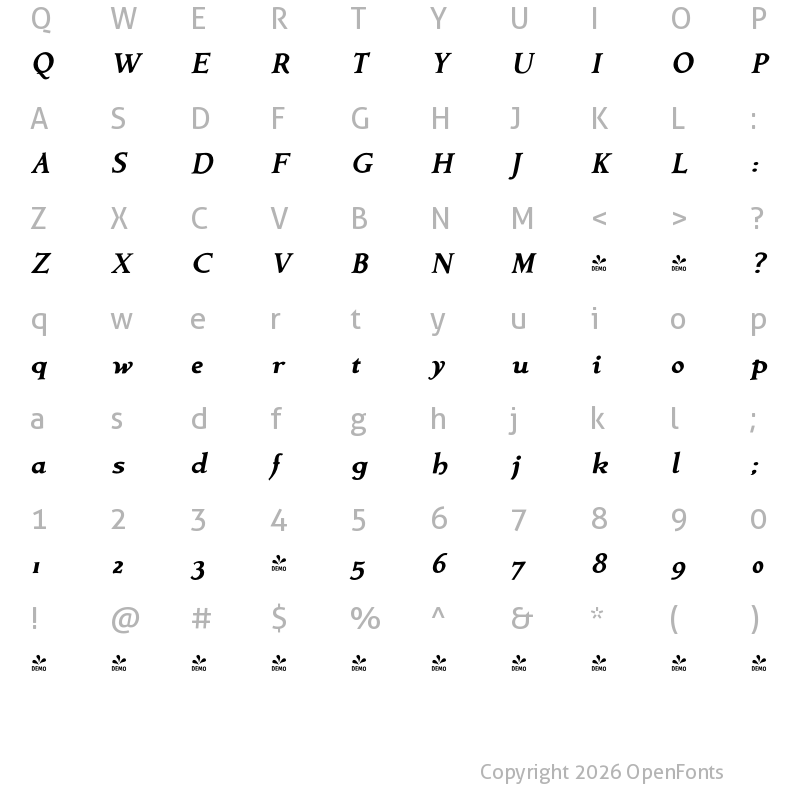 Character Map of FONTSPRING DEMO - Contenu eBook Bold Italic