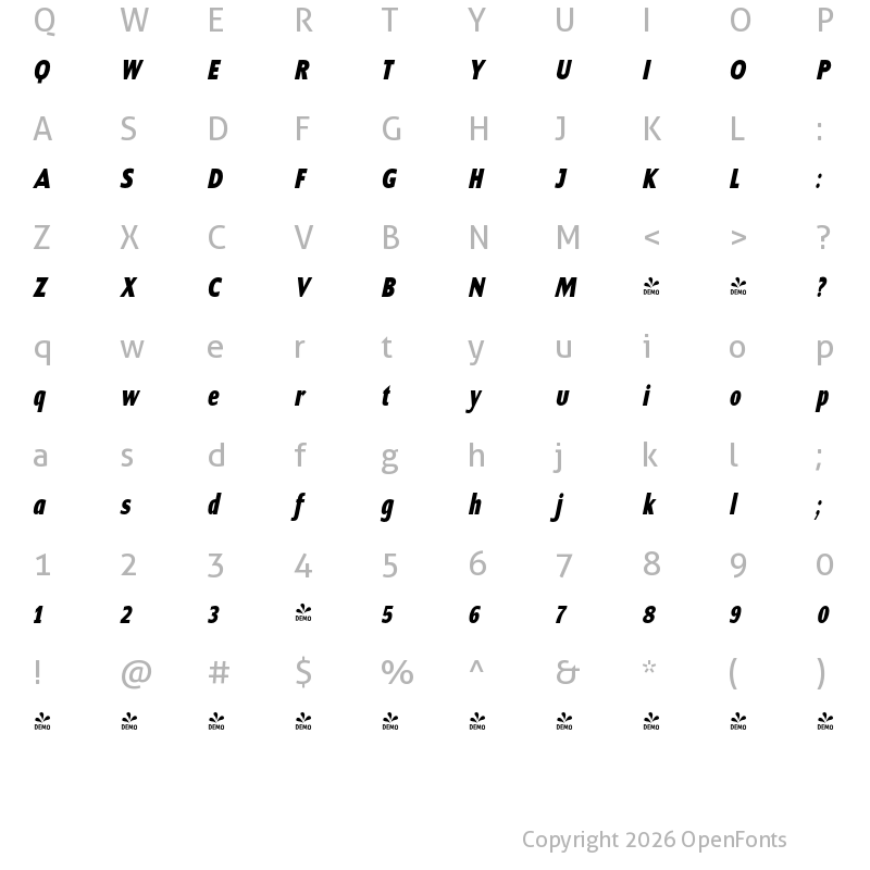 Character Map of FONTSPRING DEMO - ContraCondensed ExtraBoldItalic