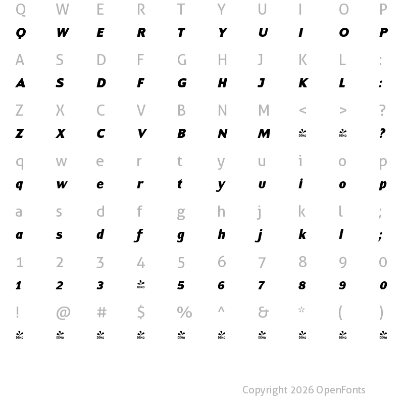 Character Map of FONTSPRING DEMO - ContraSans ExtraBold Italic