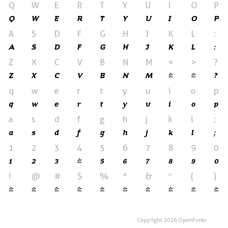 Character Map of FONTSPRING DEMO - ContraSlab Bold Italic
