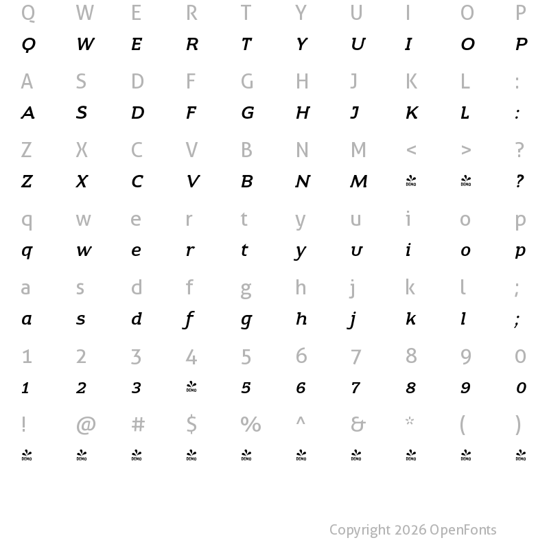 Character Map of FONTSPRING DEMO - ContraSlab Italic