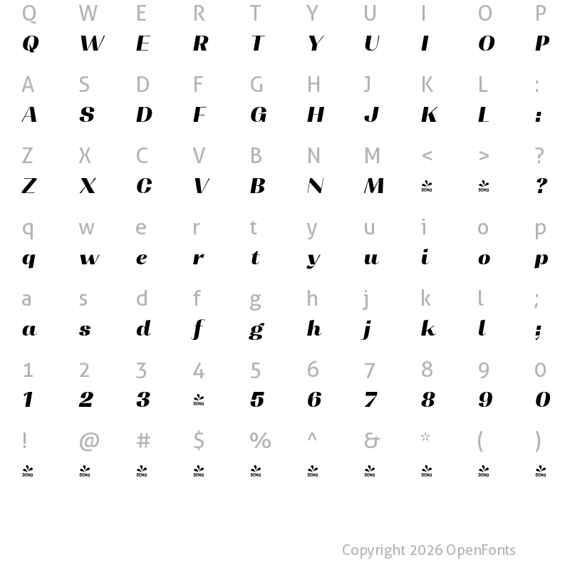 Character Map of FONTSPRING DEMO - Contrast Bk It Italic