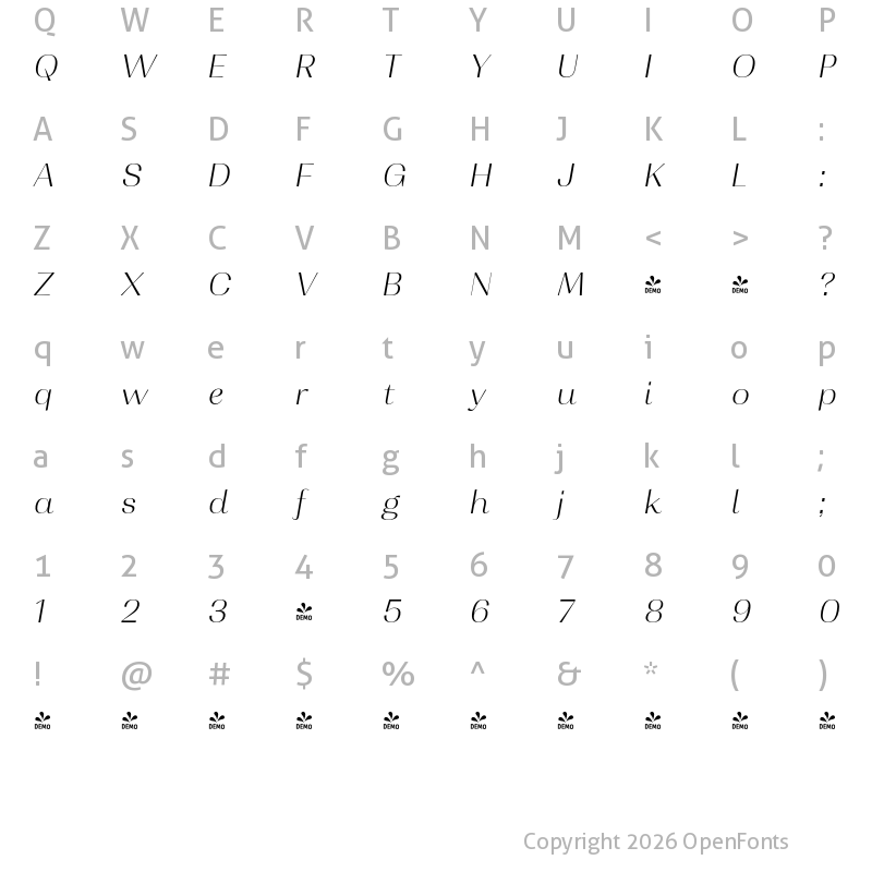 Character Map of FONTSPRING DEMO - Contrast ExtLt It Italic