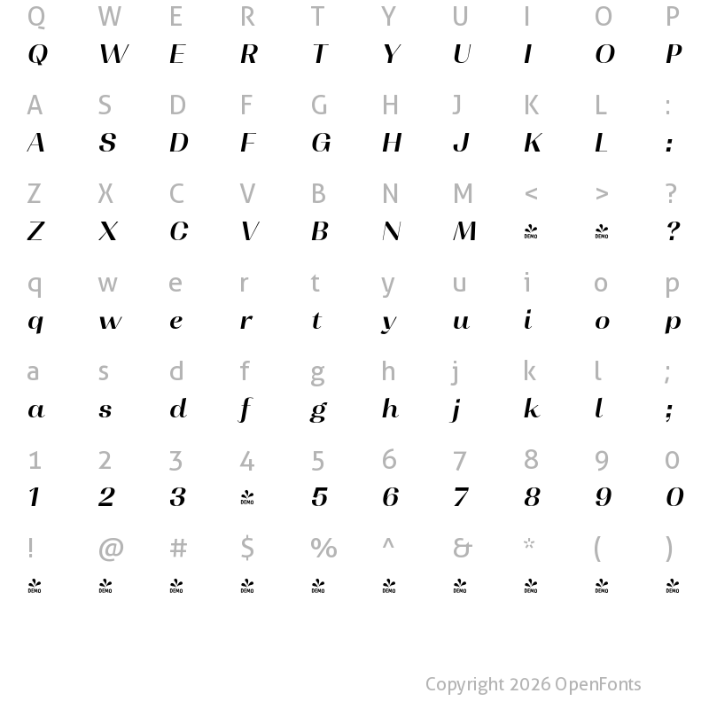 Character Map of FONTSPRING DEMO - Contrast SemBd It Italic