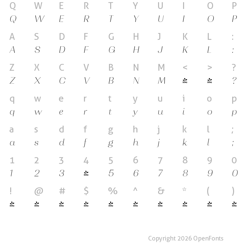 Character Map of FONTSPRING DEMO - Contrast Th It Italic