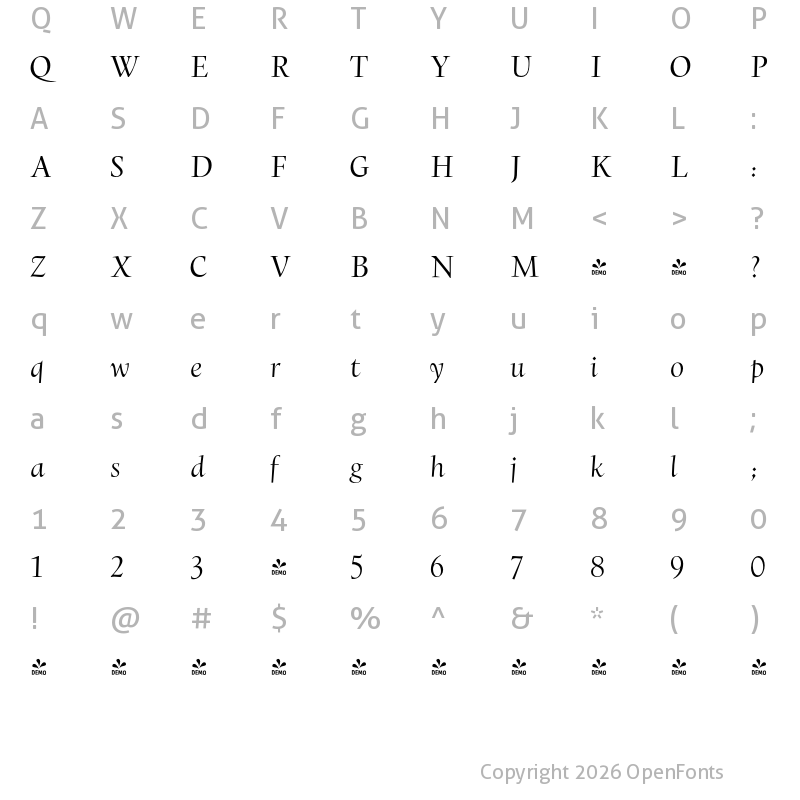 Character Map of FONTSPRING DEMO - Copacabana Light Regular