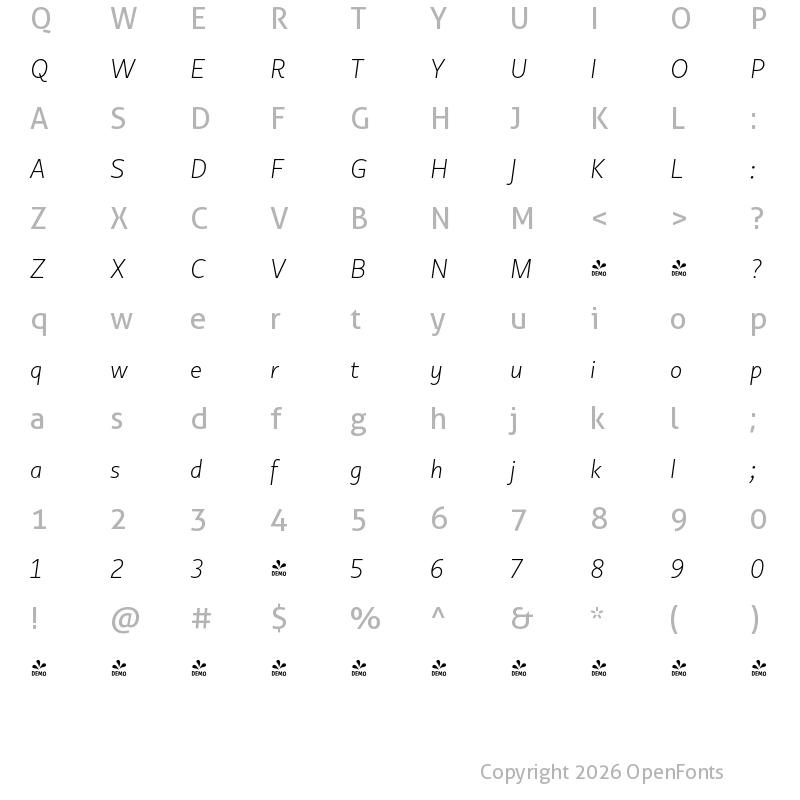 Character Map of FONTSPRING DEMO - Copihue Light Italic