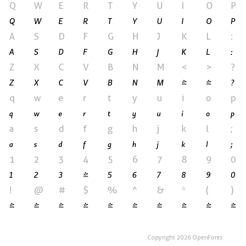 Character Map of FONTSPRING DEMO - Copihue Normal Italic