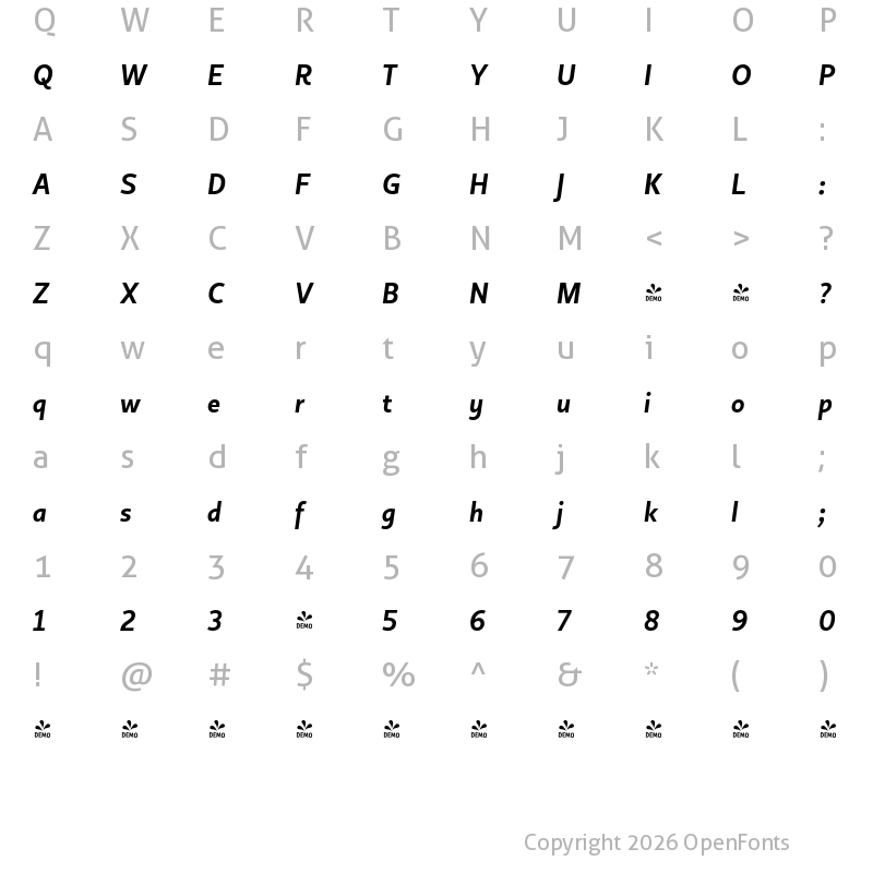 Character Map of FONTSPRING DEMO - Copihue SemiBold Bold Italic