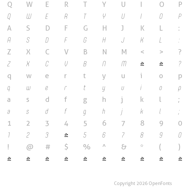 Character Map of FONTSPRING DEMO - Core Mellow 17 Cn Thin Italic