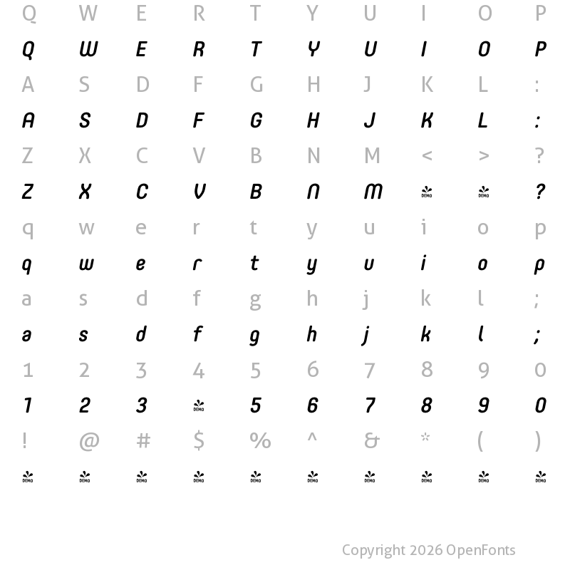 Character Map of FONTSPRING DEMO - Core Mellow 55 Medium Italic
