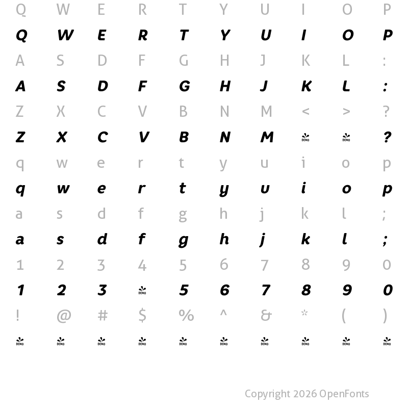 Character Map of FONTSPRING DEMO - Core Rhino 75 Heavy Italic