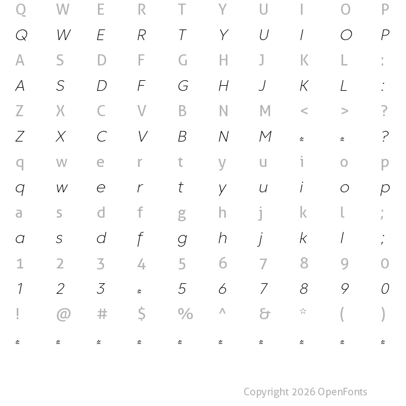 Character Map of FONTSPRING DEMO - Core Sans C 25 ExtraLight Italic