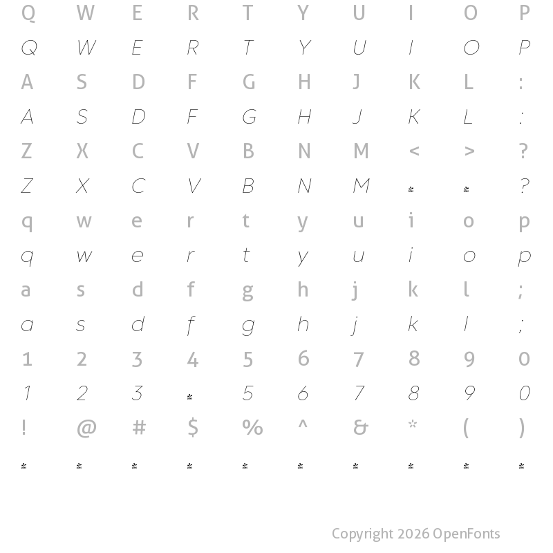 Character Map of FONTSPRING DEMO - Core Sans CR 15 Thin Italic