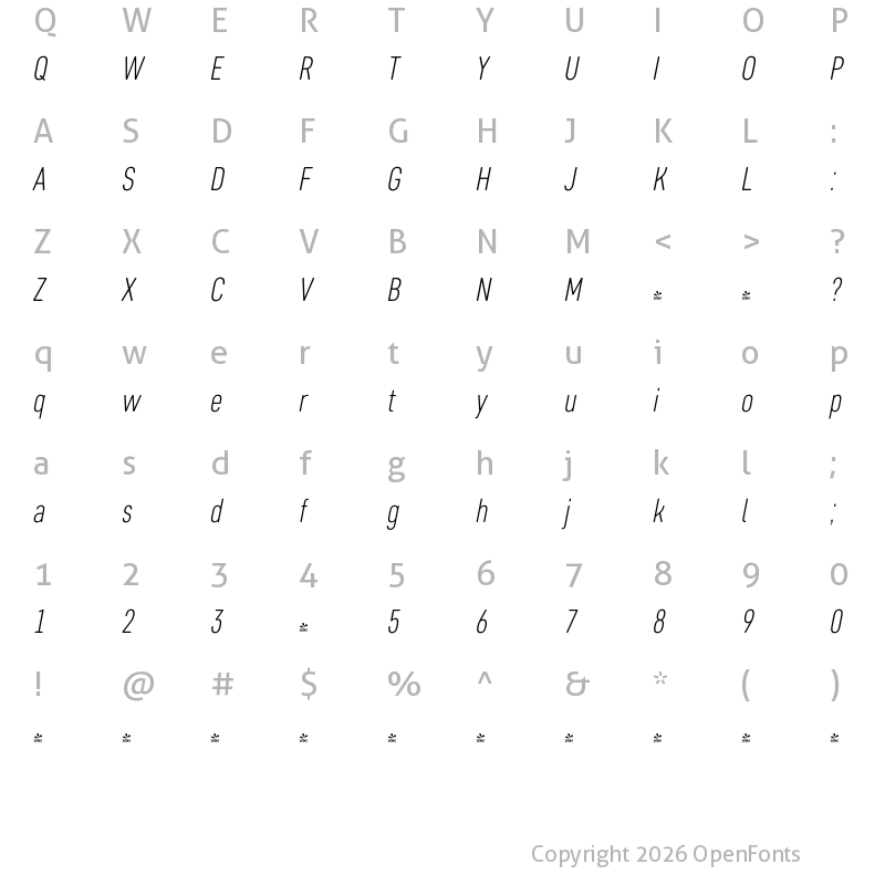 Character Map of FONTSPRING DEMO - Core Sans DS 27 Cn Light Italic