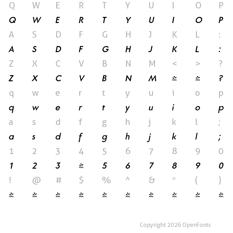 Character Map of FONTSPRING DEMO - Core Sans G 55 Medium Italic