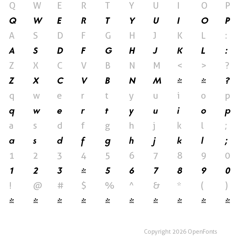 Character Map of FONTSPRING DEMO - Core Sans G 65 Bold Italic