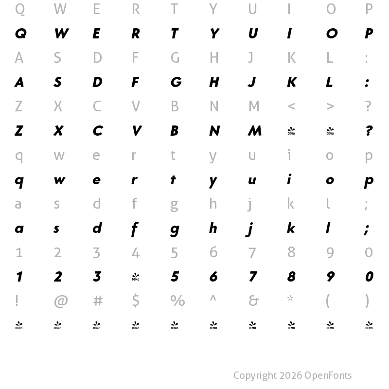 Character Map of FONTSPRING DEMO - Core Sans G 75 ExtraBold Italic