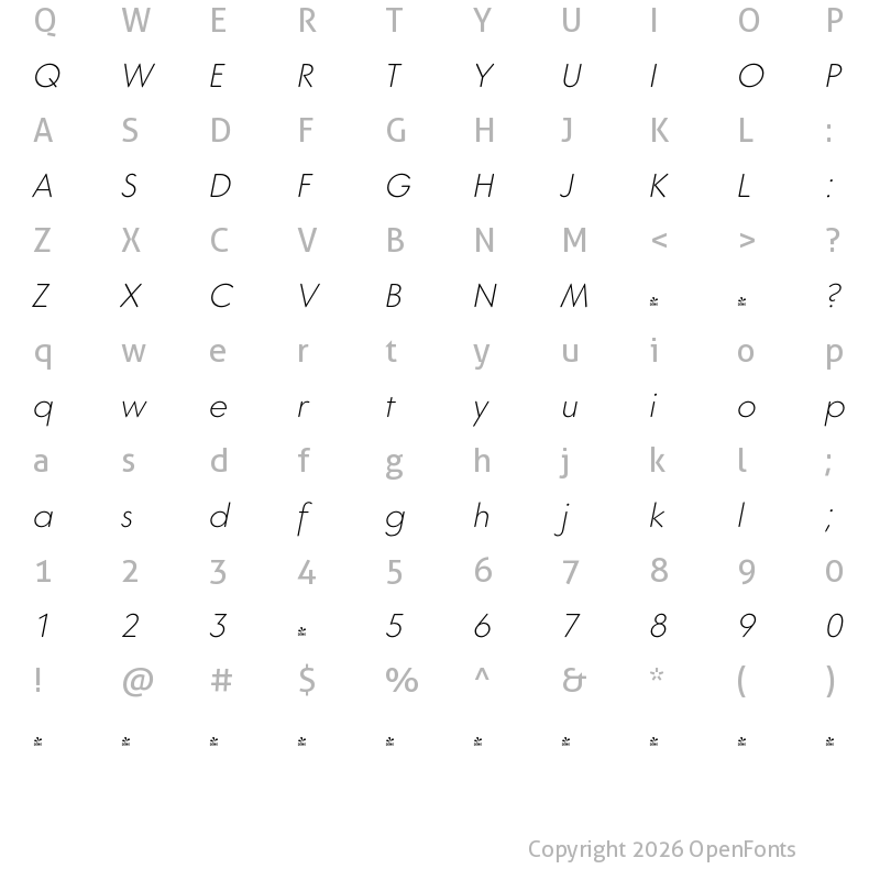 Character Map of FONTSPRING DEMO - Core Sans GS 25 ExtraLight Italic