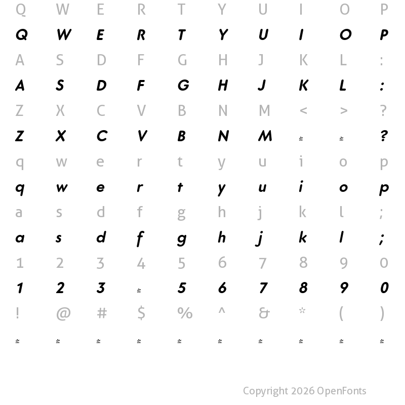 Character Map of FONTSPRING DEMO - Core Sans GS 65 Bold Italic