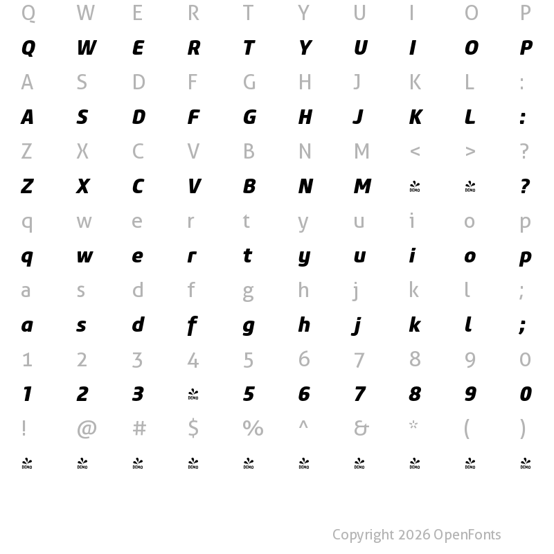 Character Map of FONTSPRING DEMO - Core Sans M 75 ExtraBold Italic