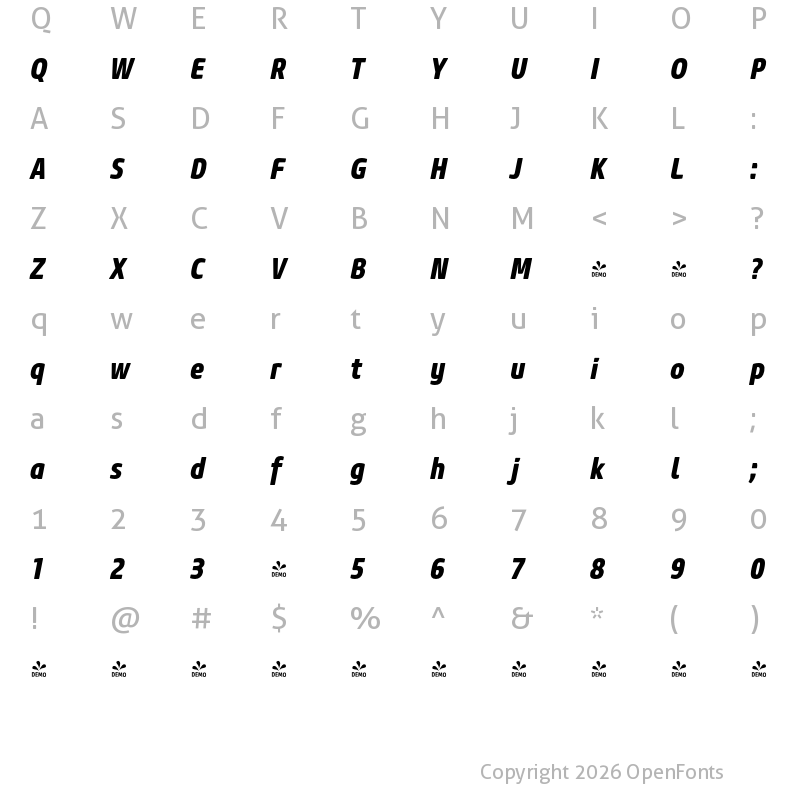 Character Map of FONTSPRING DEMO - Core Sans M 77 Cn ExtraBold Italic