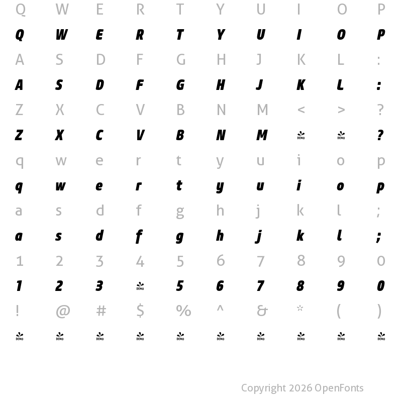 Character Map of FONTSPRING DEMO - Core Sans M 87 Cn Heavy Italic