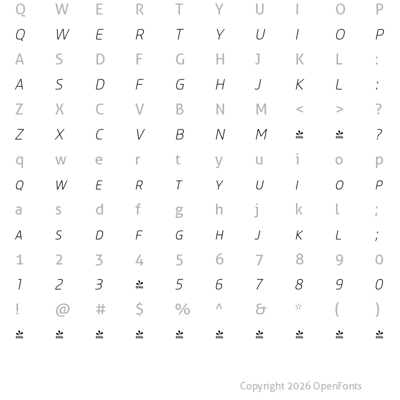 Character Map of FONTSPRING DEMO - Core Sans M SC 25 ExtraLight Italic