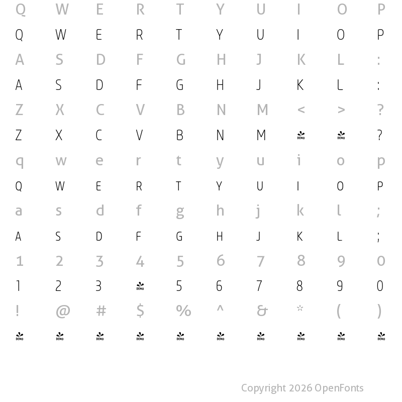 Character Map of FONTSPRING DEMO - Core Sans M SC 27 Cn ExtraLight Regular