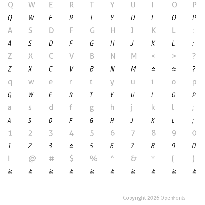 Character Map of FONTSPRING DEMO - Core Sans M SC 37 Cn Light Italic