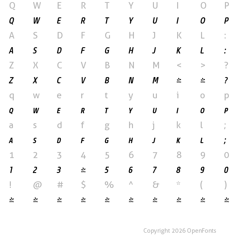 Character Map of FONTSPRING DEMO - Core Sans M SC 57 Cn Medium Italic