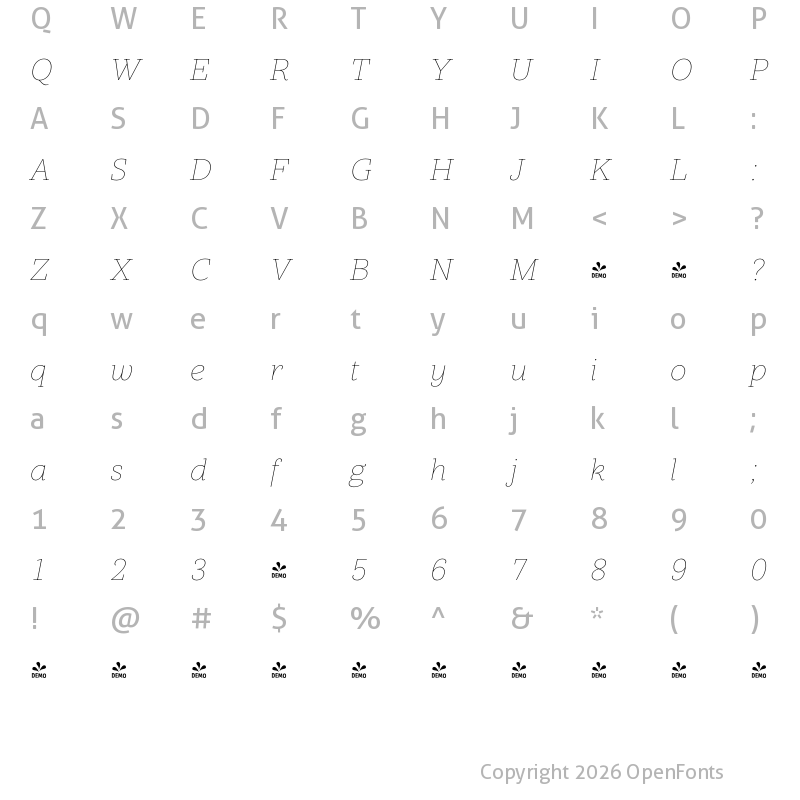 Character Map of FONTSPRING DEMO - Core Serif N 15 Thin Italic