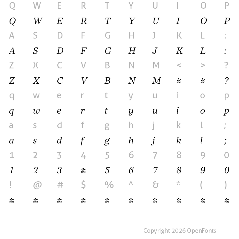 Character Map of FONTSPRING DEMO - Core Serif N 35 Regular Italic