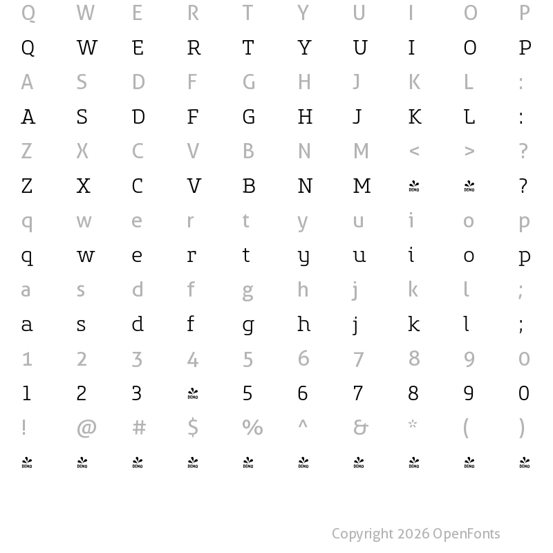 Character Map of FONTSPRING DEMO - Core Slab M 35 Light Regular