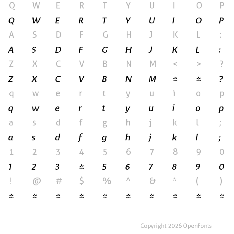 Character Map of FONTSPRING DEMO - Corpo_Sans Medium Italic