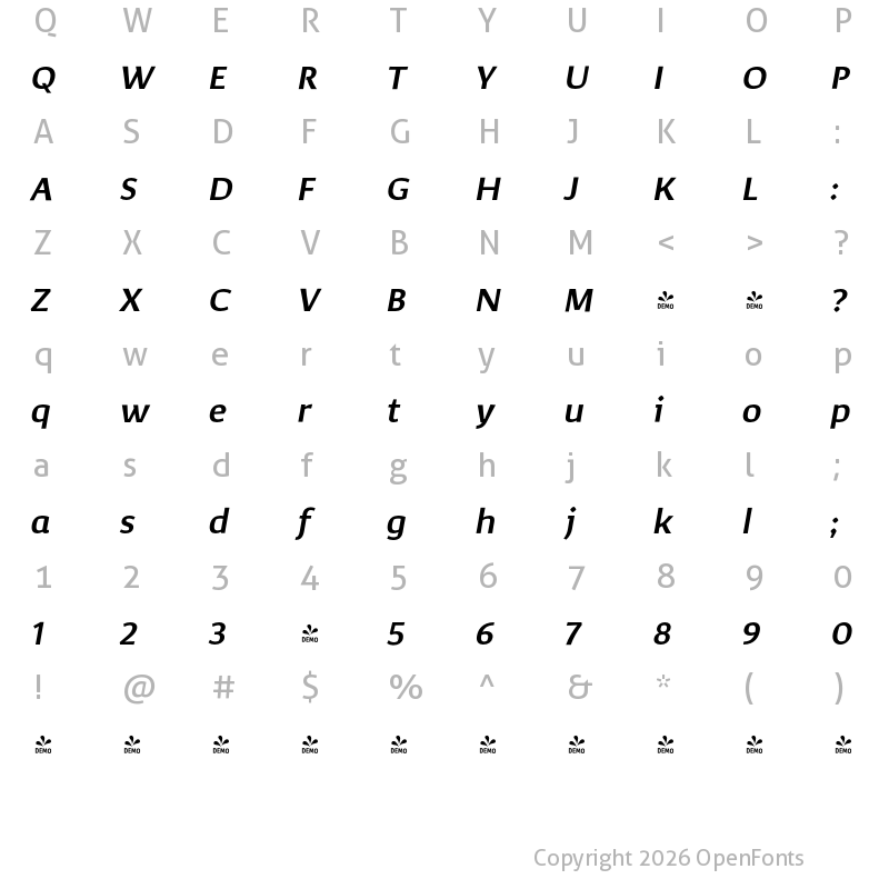 Character Map of FONTSPRING DEMO - Corpo_Sans SemiBold Italic