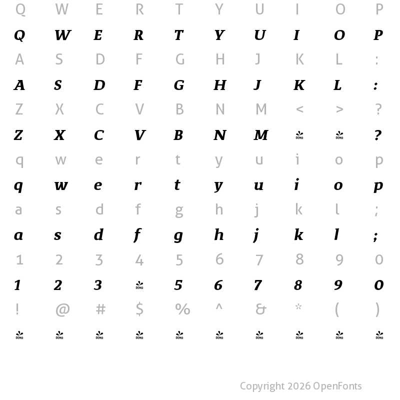 Character Map of FONTSPRING DEMO - Corpo_Serif Bold Italic
