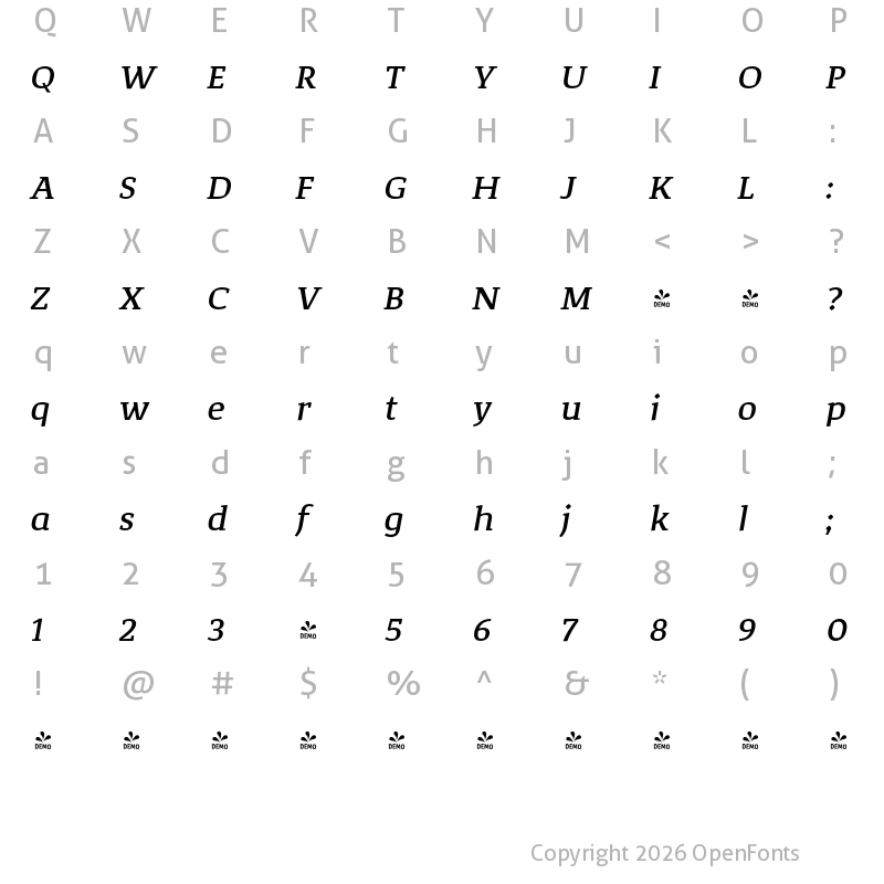 Character Map of FONTSPRING DEMO - Corpo_Serif Medium Italic