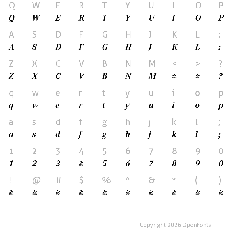Character Map of FONTSPRING DEMO - Corporate A Bold Italic