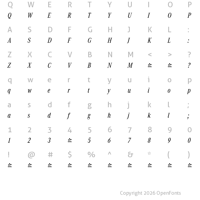 Character Map of FONTSPRING DEMO - CorporateACon Italic