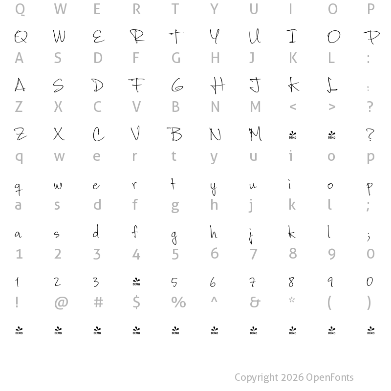Character Map of FONTSPRING DEMO - Corradine Handwriting Regular