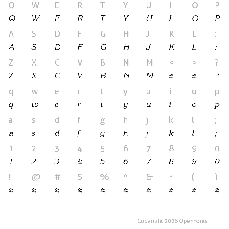 Character Map of FONTSPRING DEMO - Corrigan Italic