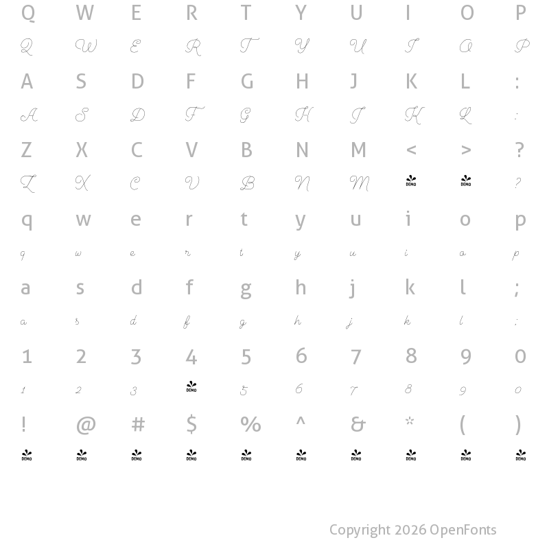 Character Map of FONTSPRING DEMO - Cosmopolitan Script Light Regular