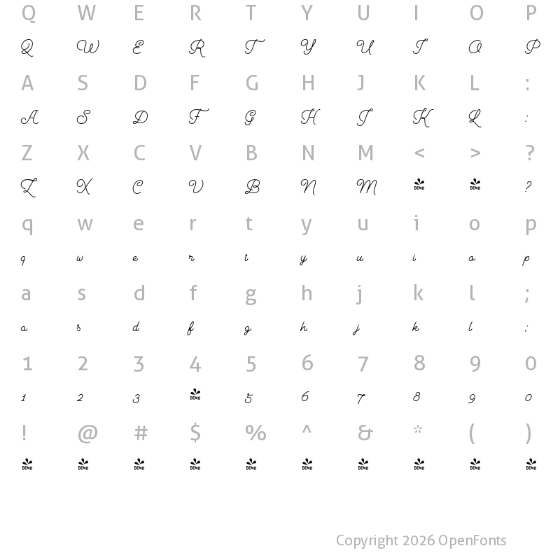 Character Map of FONTSPRING DEMO - Cosmopolitan Script Medium Regular